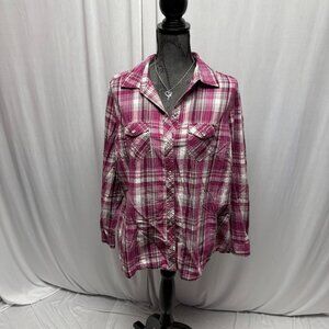 Faded Glory Plaid Shirt Womens Sz 1X 16W Pearl Snaps Fuchsia Silver Long Sleeve